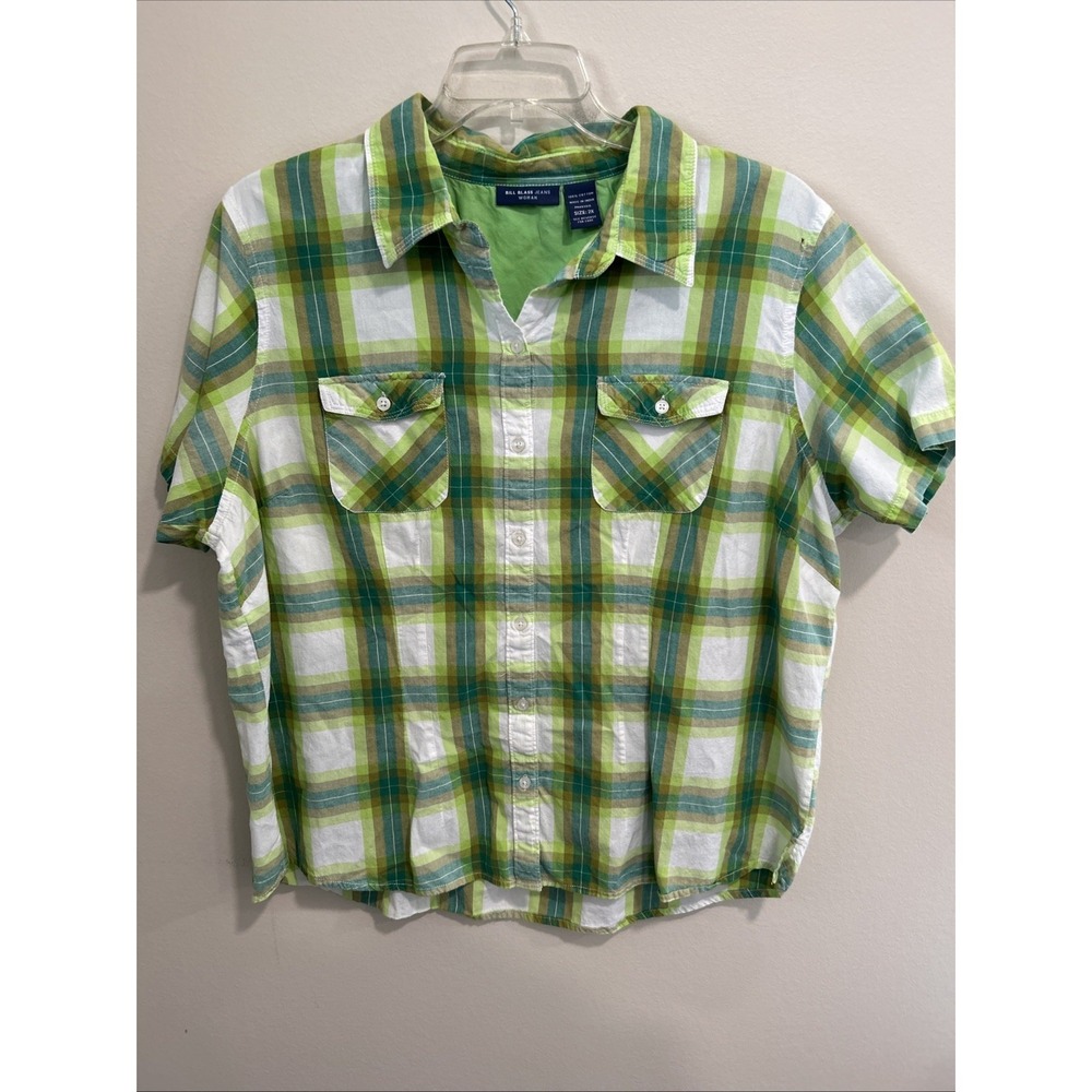 Bill BLASS Jeans Vintage Lime Green Plaid‎ Short Sleeve Blouse Button Front Top